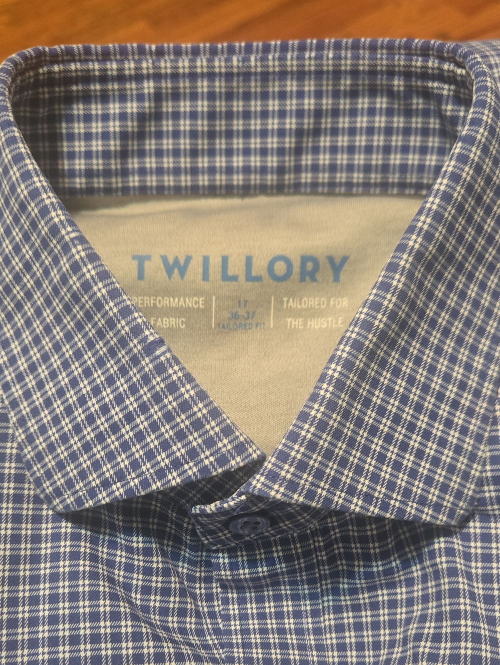 Twillory tailored fit blue/white plaid dress shirt Performance Fabric- 17x36/37